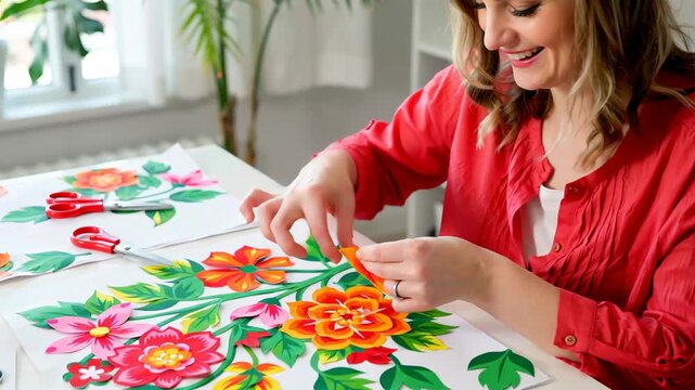 Middle-aged woman arranging floral Slavic ornament with paper cut-outs