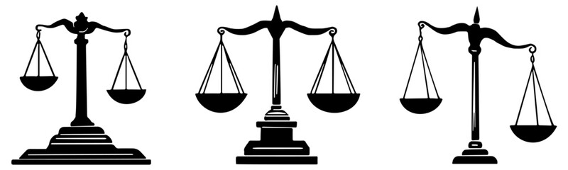 Set of three scales of justice, isolated 