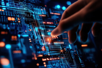 A hand interacts with a high-tech touchscreen displaying intricate data and graphics in vibrant colors.