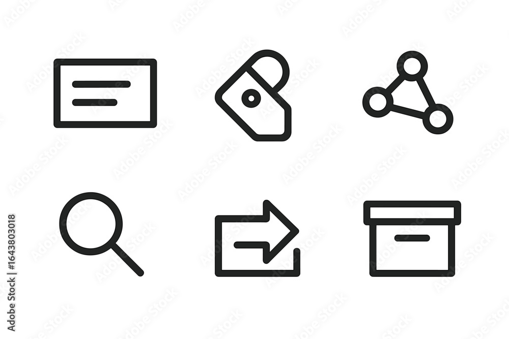Poster icons representing various concepts such as search, connection, and sharing in a minimalistic design