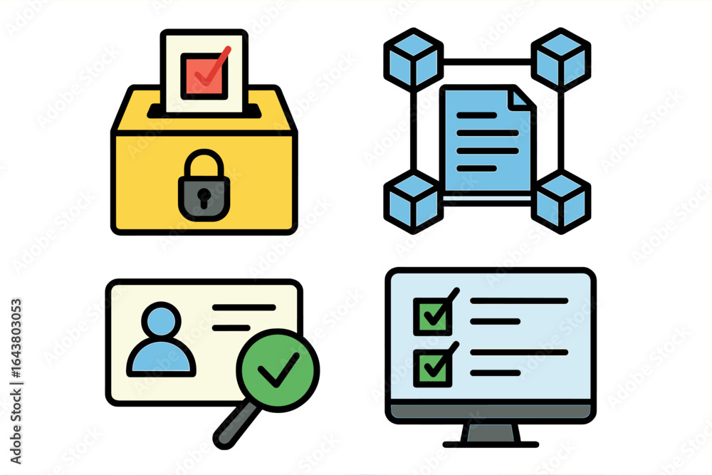 Fototapete voting process represented with ballot box, identity verification, and document validation in a digi