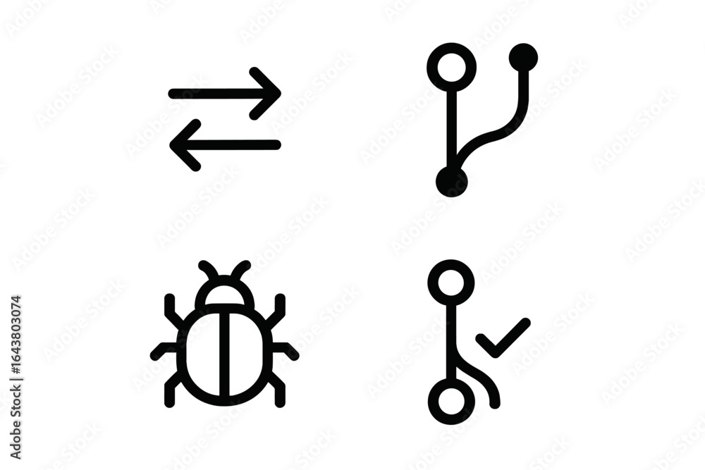 Poster vector icons depicting exchange, connection, insect, and verification in a minimalistic style for de