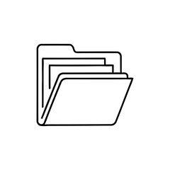 Open black outline folder with stacked paper sheets inside on white document file