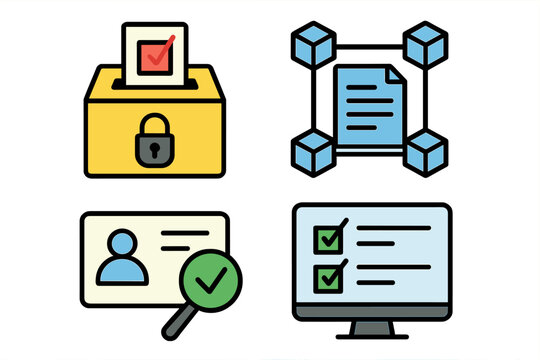 Voting process represented with ballot box, identity verification, and document validation in a digital format