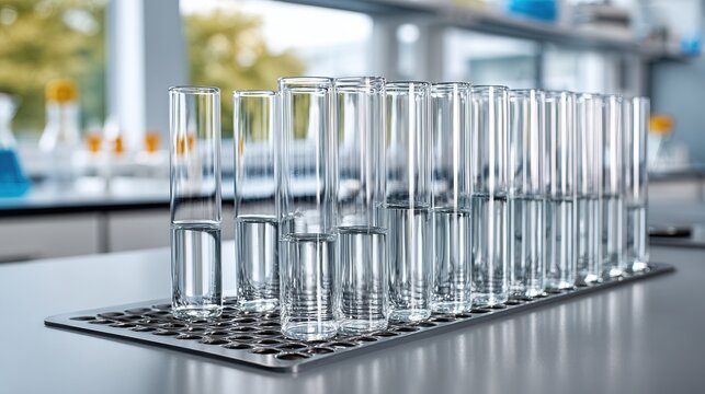 A row of glass test tubes filled with clear liquid in a modern laboratory setting. Ideal for scientific research and experiments.
