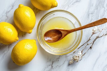 Glass bowl of lemon juice, wooden spoon, three whole lemons, and dried flowers on a marble surface