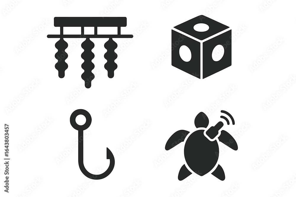 Poster creative designs of various objects including a turtle, a hook, a die, and screws displayed in a min