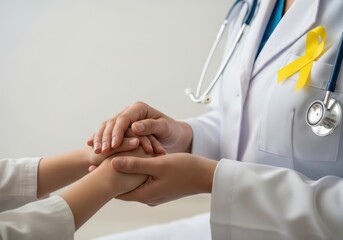 Obraz premium Doctor offering comfort and support with a yellow ribbon symbolizing childhood cancer awareness
