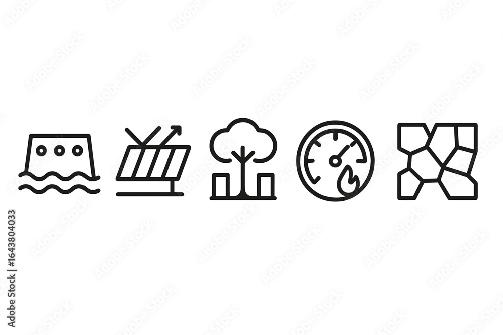 Poster icons representing various environmental concepts in a minimalist design format