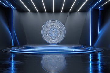 Ornate circular emblem on a futuristic, tiered platform, illuminated by vibrant blue neon lights within a sleek, dark gray environment
