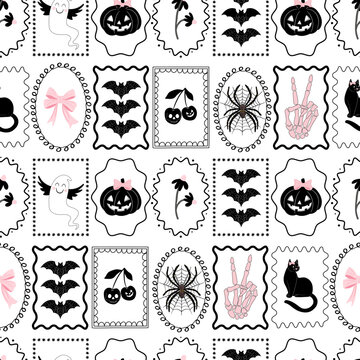 Coquette Halloween cameo frame seamless pattern. Black Pink Cute Spooky repeat design featuring Ghosts, Pumpkins, Bows, Cats & Bats.