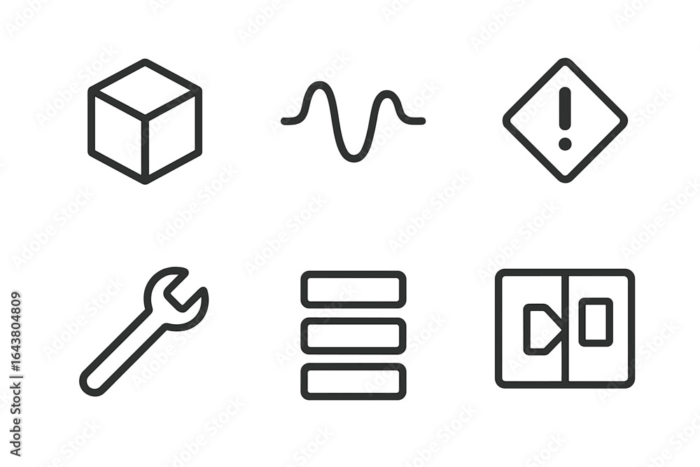 Poster icons representing various tools and concepts for engineering and technical applications in a simple