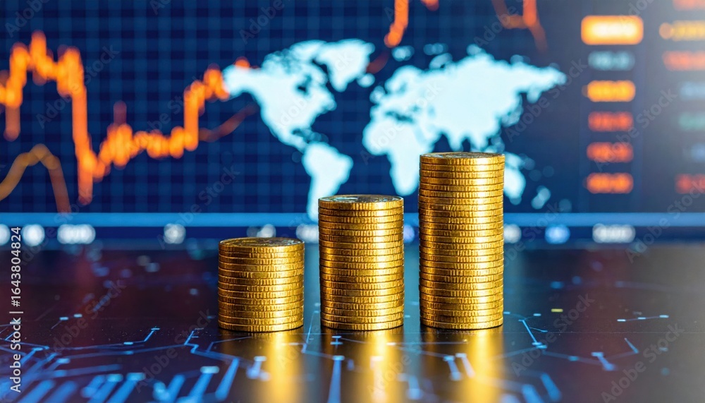 Aufkleber stacks of gold coins against a backdrop of a world map and financial data graphs.