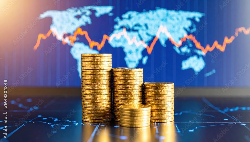 Poster stacks of gold coins against a backdrop of a world map with financial graphs.