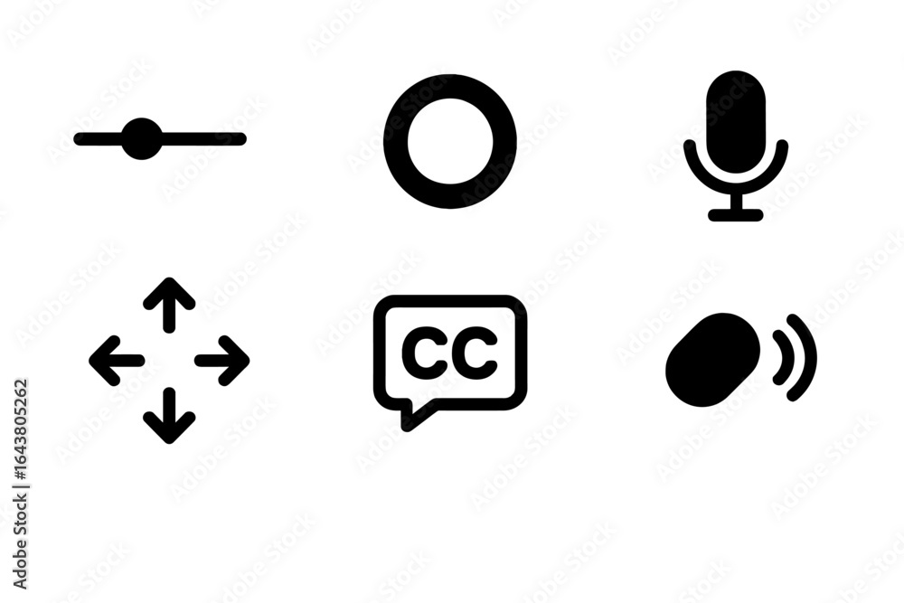 Poster icons representing various media controls and features for accessibility and interaction