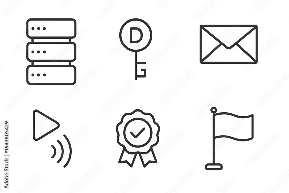 Poster set of simple icons representing data, communication, and multimedia activities displayed on a clean