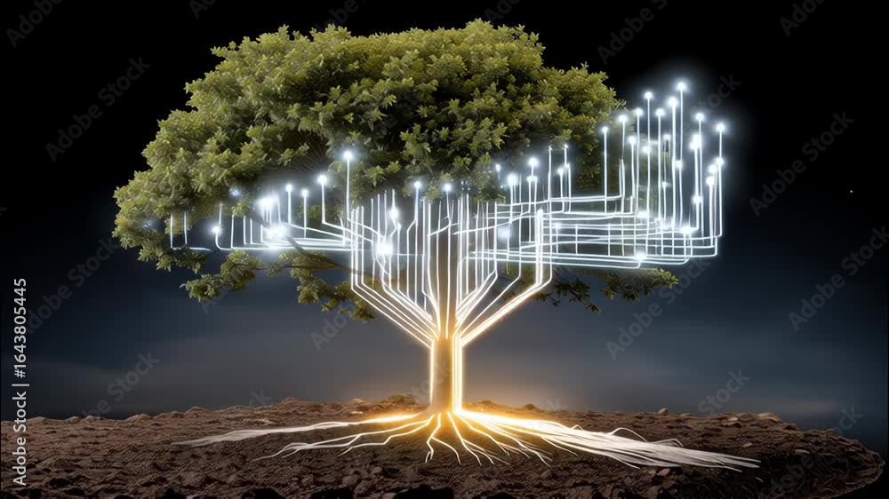 Poster digital glowing tree representation with lighted branches and roots in a dark background ideal for t