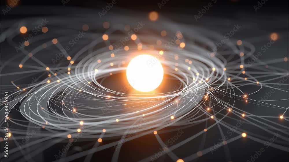 Poster glowing energy core with dynamic particles and light trails in a futuristic space environment