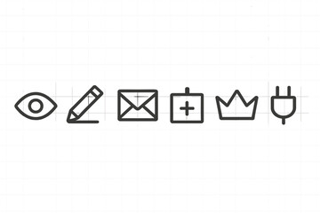 Icons representing various functions and actions relevant to digital communication and utility displayed on lined paper