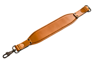Brown leather replacement shoulder bag strap with metal clasps isolated with transparent background