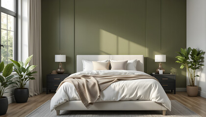 Olive Green Accent Wall in a Modern Bedroom Bedroom with an olive green feature wall behind a simple white bed