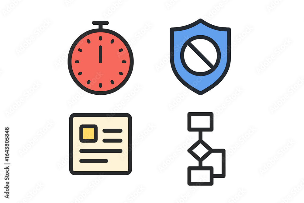 Poster icons representing time management, security, document handling, and process flow in a modern worksp