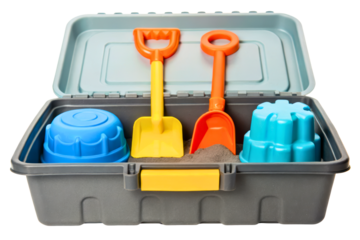 Plastic carrying case full of colorful sand toys and molds isolated with transparent background