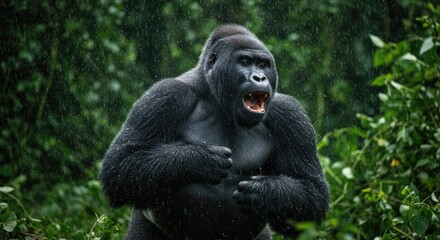 Majestic Mountain Gorilla Roaring in the Rain, Lush Green Rainforest Backdrop