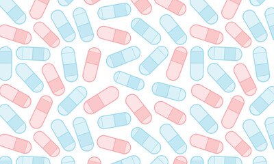 Seamless pastel capsule pill pattern in pink and blue colors for medical, pharmacy, and healthcare themed design use