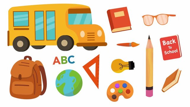 Stationery items floating around school bus with white backdrop