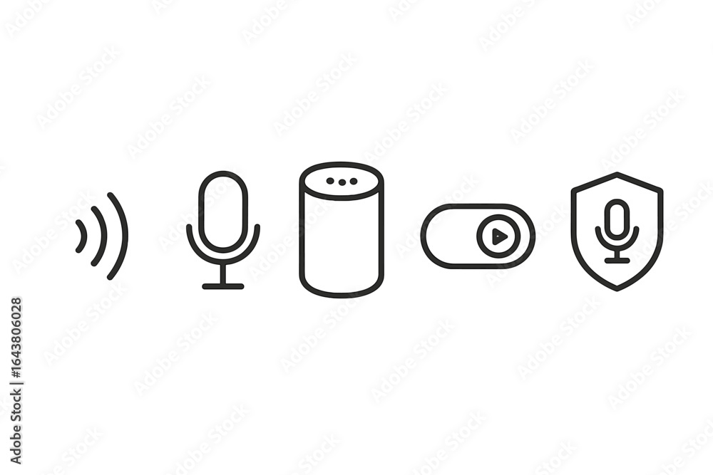 Aufkleber icon set showcasing voice technology elements for smart devices and audio applications