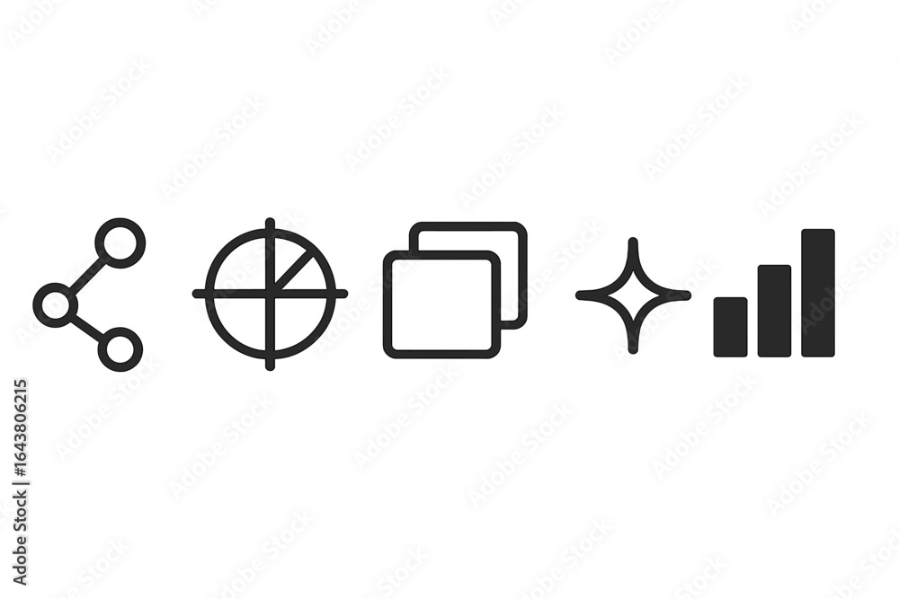 Poster symbols representing connection, target accuracy, image editing, enhancement, and growth metrics dis