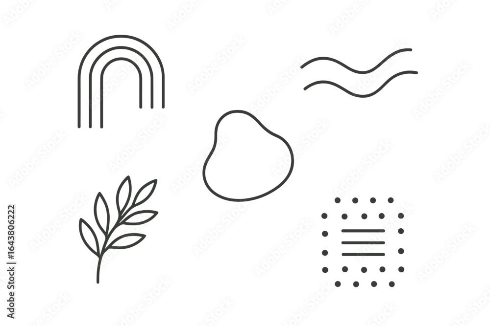 Poster abstract line art featuring various geometric shapes and natural elements arranged in a creative com