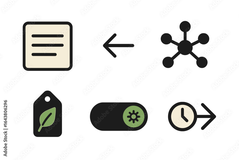 Aufkleber icons representing concepts of organization, tagging, and time management in a minimalistic style fo