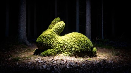 Moss sculpture of a rabbit in a forest.