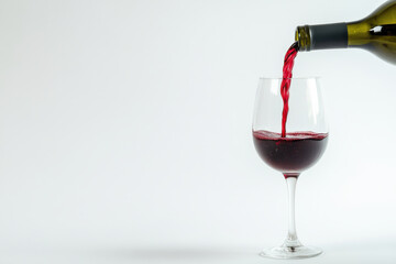 A bottle of red wine pours into a glass, creating a cascade of bubbles and vibrant color against a white background.