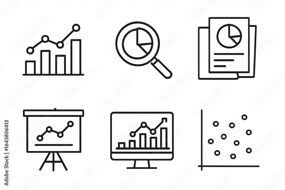 Poster graphs and charts showcase data analysis tools and methods used in business presentations and report