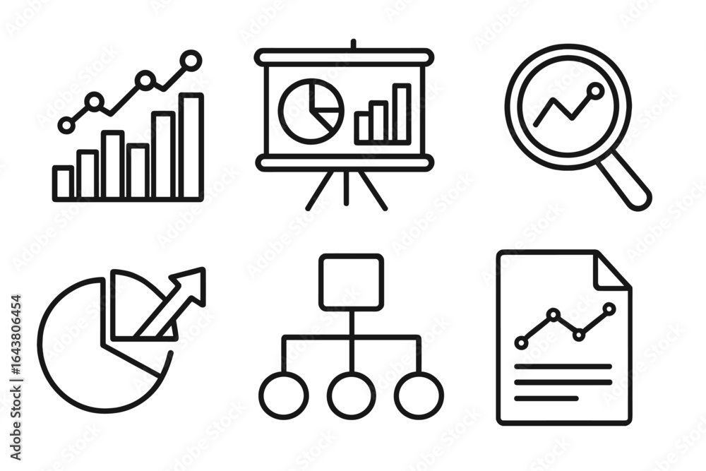 Poster graphs and charts illustrate data analysis tools in a business presentation setting