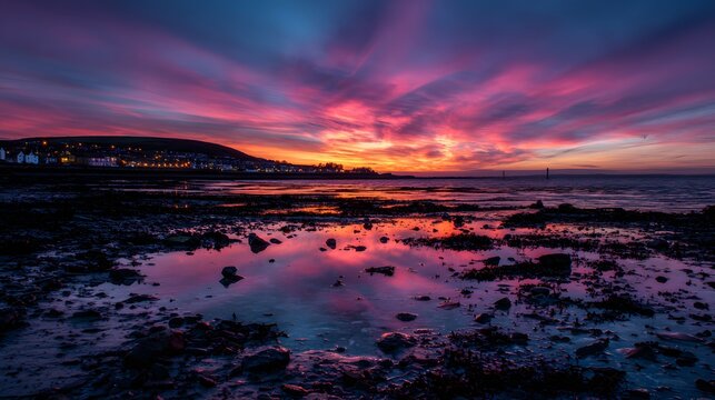 Vibrant sunset over a coastal town reflected in tranquil pools.
