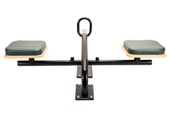 Black metal seesaw with two padded seats for a playground isolated with transparent background