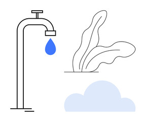 Water droplet from faucet highlights conservation. Plants and clouds symbolize growth, renewal. Ideal for ecology, sustainability, climate change, water-saving, health, environment awareness simple
