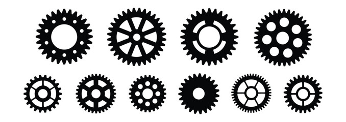 Vector art of collection of gear and cog wheel icons isolated on white background, representing mechanical and engineering concepts, perfect for illustrating technology and industrial processes
