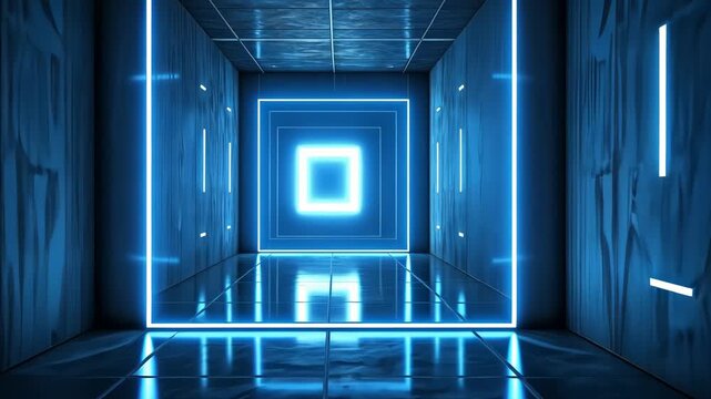 Futuristic neon-lit corridor with glowing geometric frames and reflective surfaces