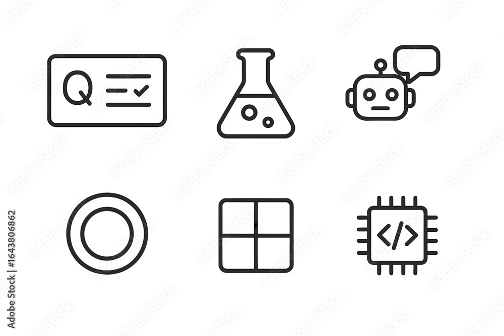 Poster various symbols representing technology, science, and programming in a minimalist design suitable fo