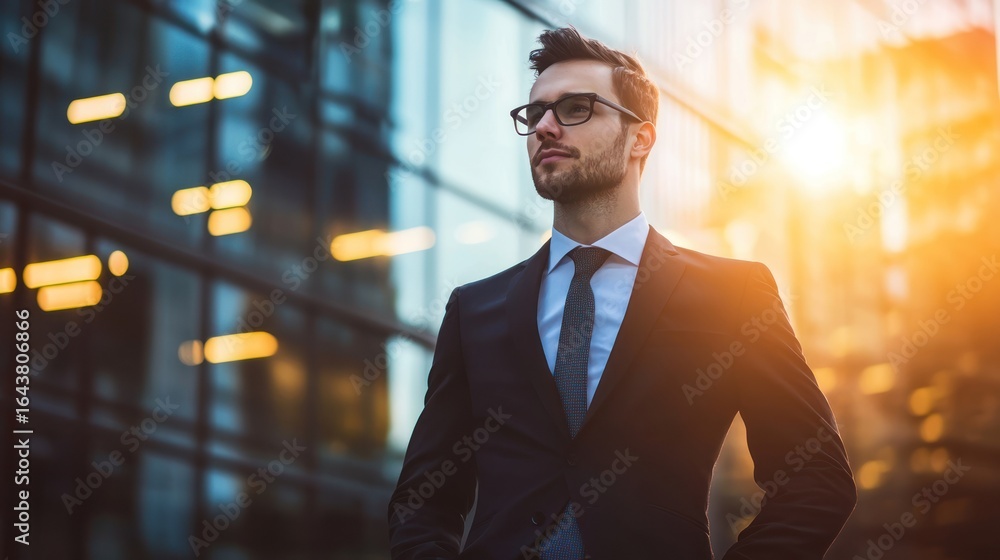 Poster a man in a suit standing in front of a modern building with a sun flare in the background.