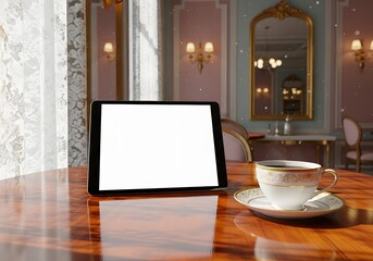 Laptop and coffee cup on wooden table in cozy home interior with natural light and modern furniture