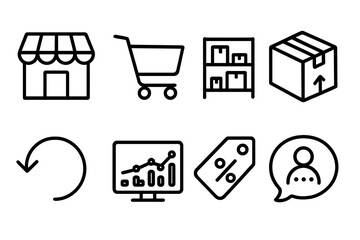 Various icons representing shopping and retail activities in a modern digital market environment