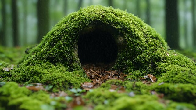 Moss covered burrow entrance in forest