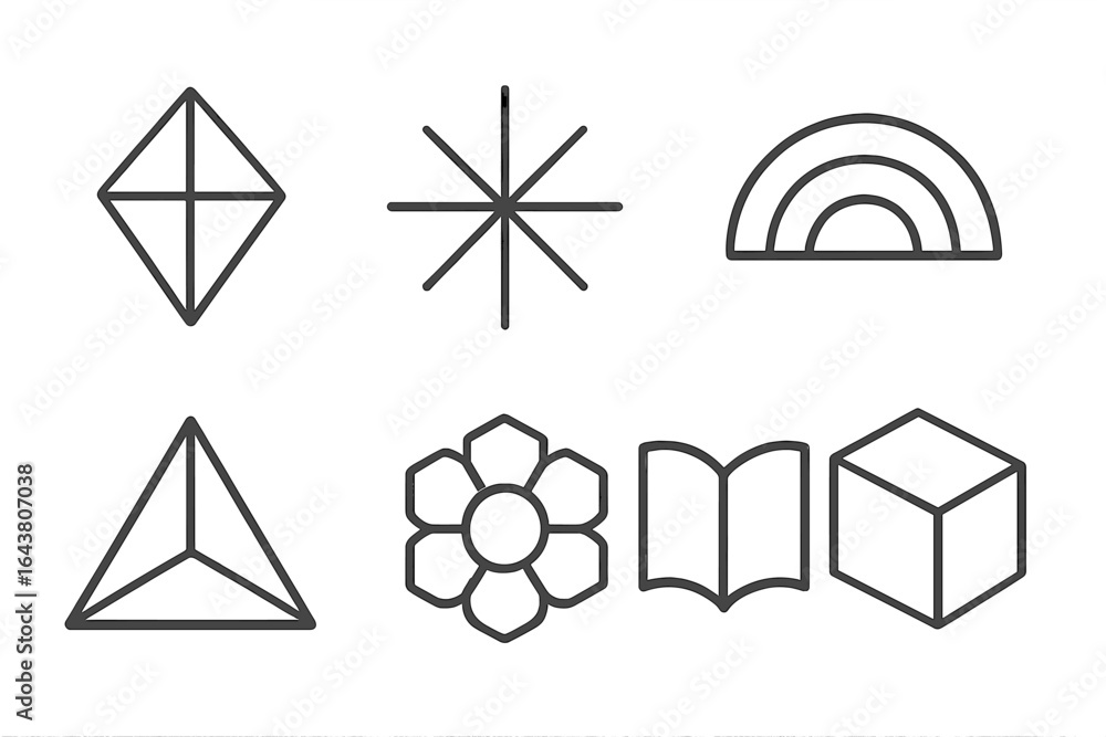Poster geometric shapes and symbols represented in simple line art style, showcasing creativity and design 