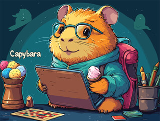 Funny Capybaras with Paper and Books.